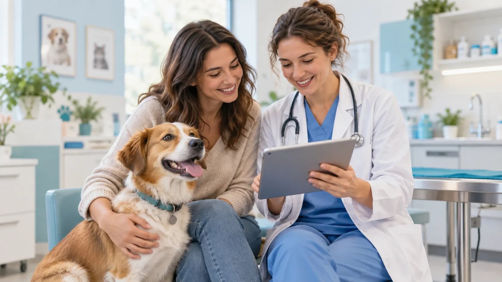Veterinaria y tutora sonrientes revisando información junto a un perro