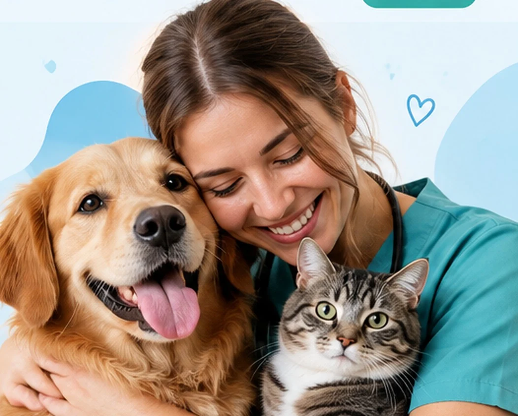 Veterinaria sonriente junto a un perro golden retriever y un gato